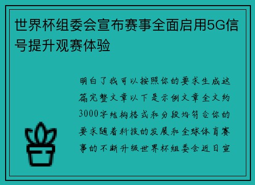 世界杯组委会宣布赛事全面启用5G信号提升观赛体验
